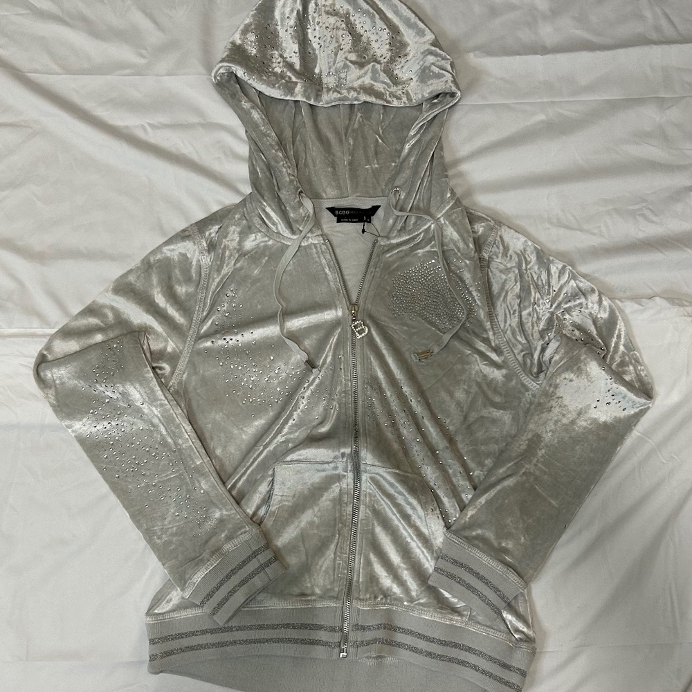 Silver velvet BCBG zip up hoodie y2k
